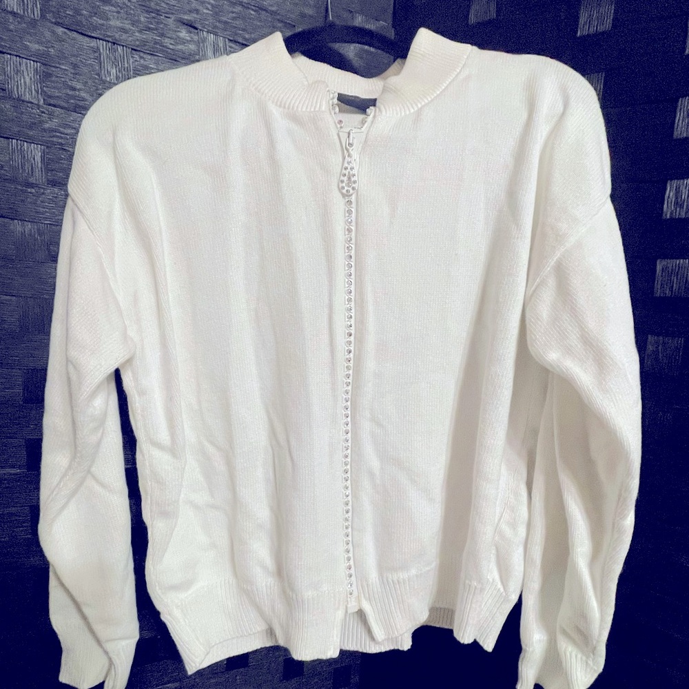 Vintage White Full Zip Sweater with Swarovski Crystals at zipper Size Small